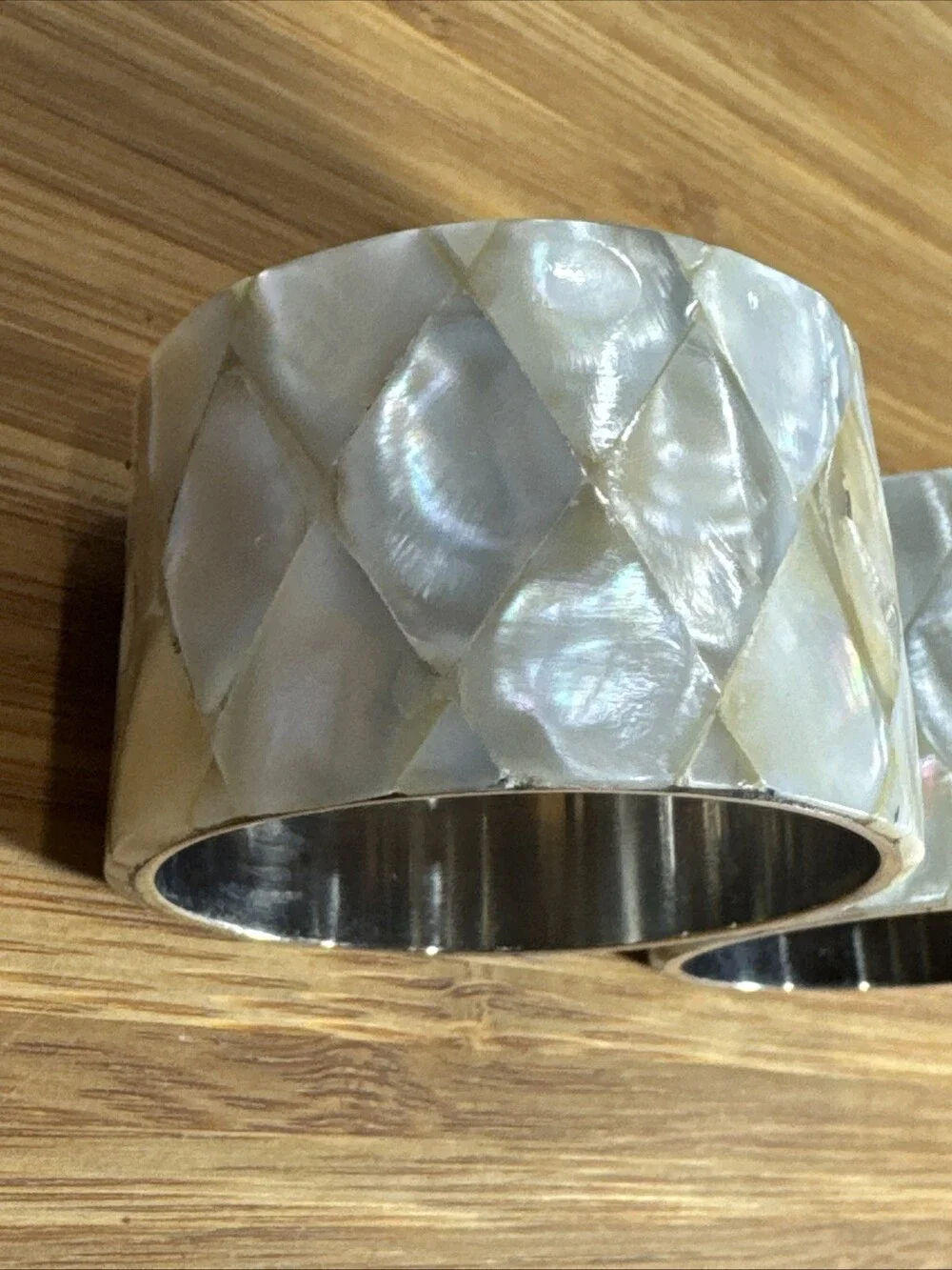 Vintage Silver Tone Mother Of Pearl Napkin Holders Set Of TWO Fish Scale Mosaic